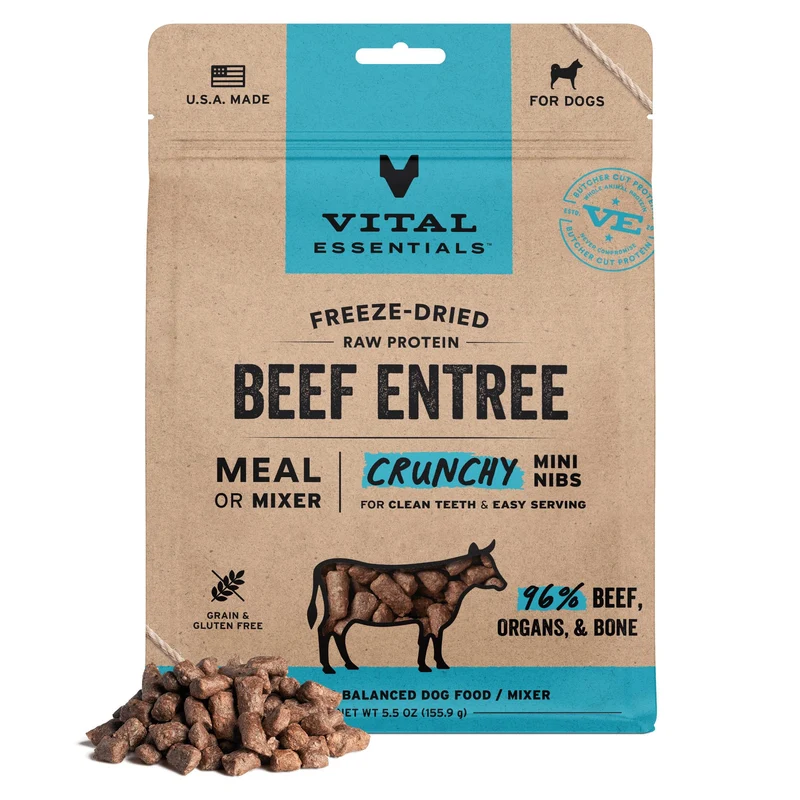 Vital Essentials – Alimentation canine lyophilisée au bœuf croquant mini-nibs | Repas complet ou topping | 96% bœuf, organes et os | Sans céréales | Sac 156 g (5,5 oz)