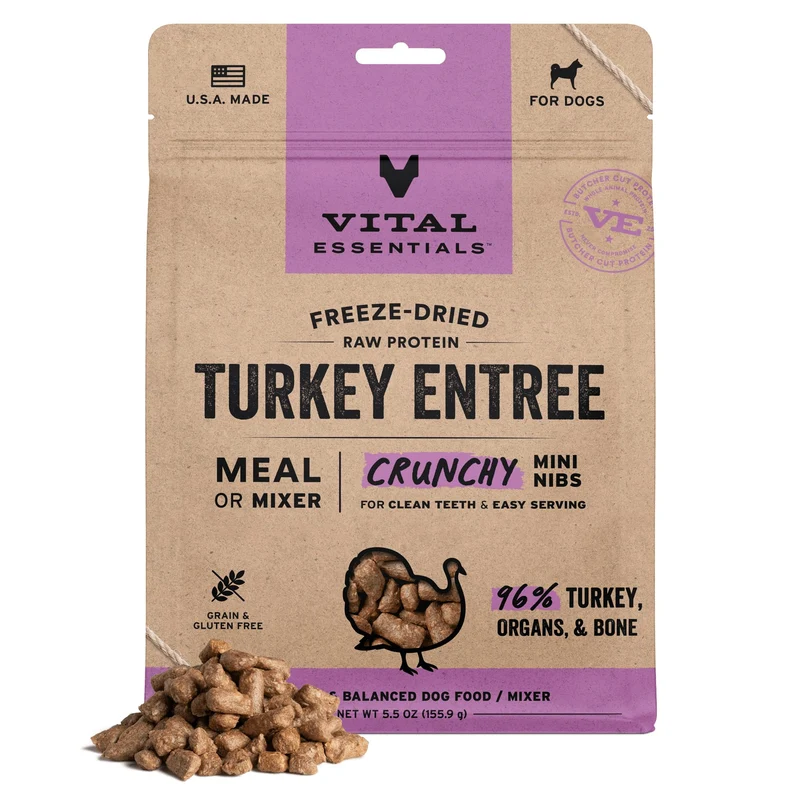 Vital Essentials Freeze-Dried Dinde — Mini Nibs Croquants pour Chien | Repas Complet ou Topper | 96% Dinde, Organes & Os