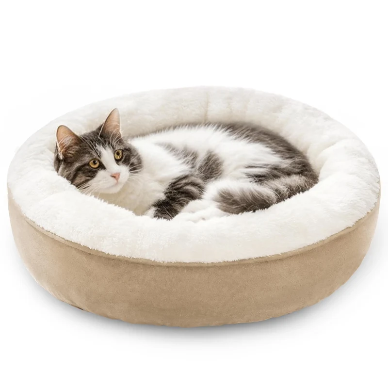 Love's cabin Coussin rond Donut pour chats et petits chiens – 20 po, anti-dérapant, lavable, tissu ultra-doux, Camel