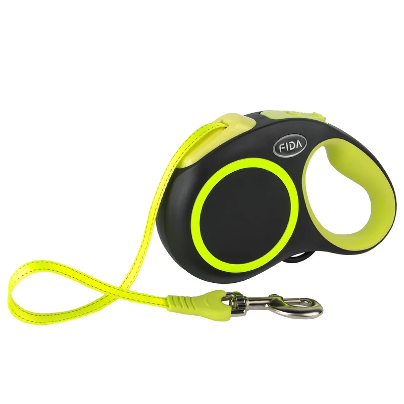 Fida Laisse Rétractable 16 pieds – Réfléchissante, Frein à une main, Sans Enchevêtrement – Pour chiens jusqu’à 20 kg – Jaune Néon