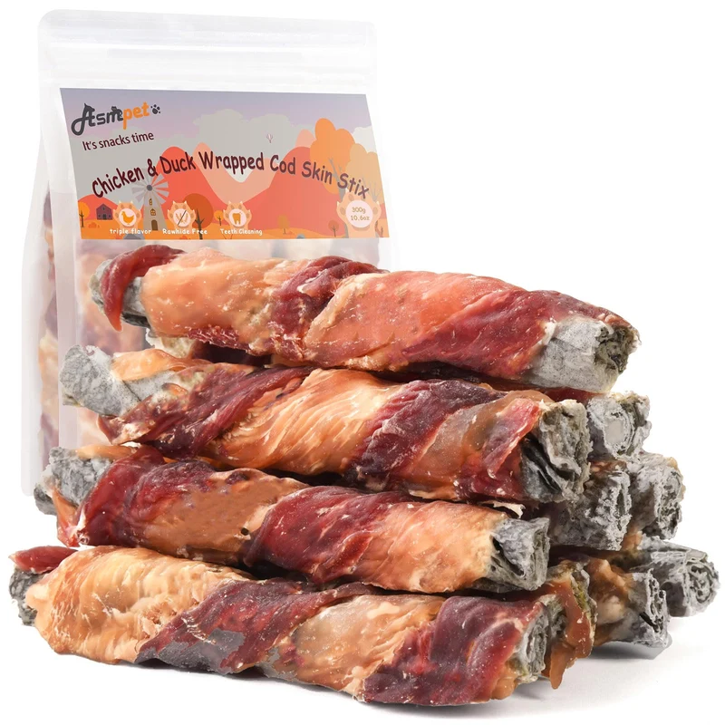 ASMPET Bâtonnets Peau Morue Enveloppés – Poulet & Canard, Friandises Sans Cuir pour Chiens