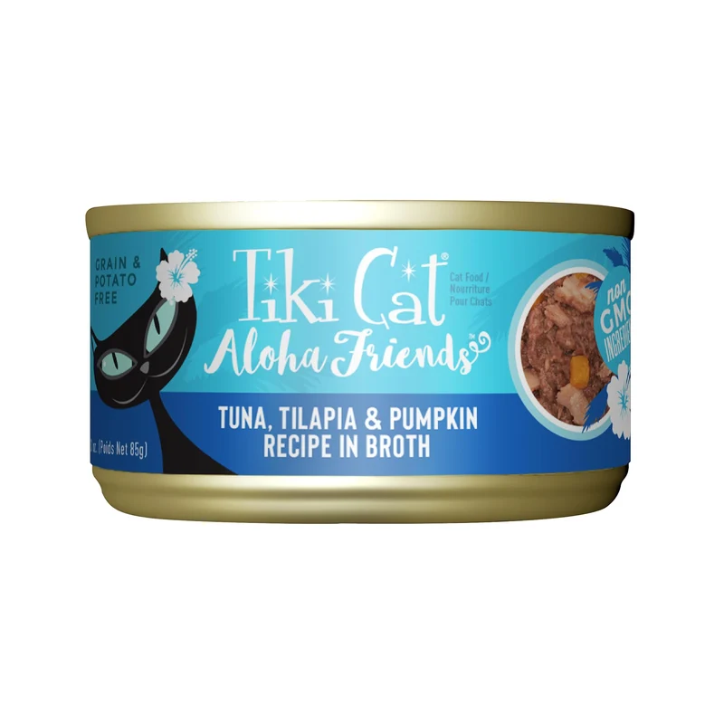 TIKI PETS Tiki Cat Aloha Friends Thon Tilapia Citrouille – Sans céréales et Hydratation élevée – Nourriture humide pour chats toutes étapes, Boîtes 85 g x12