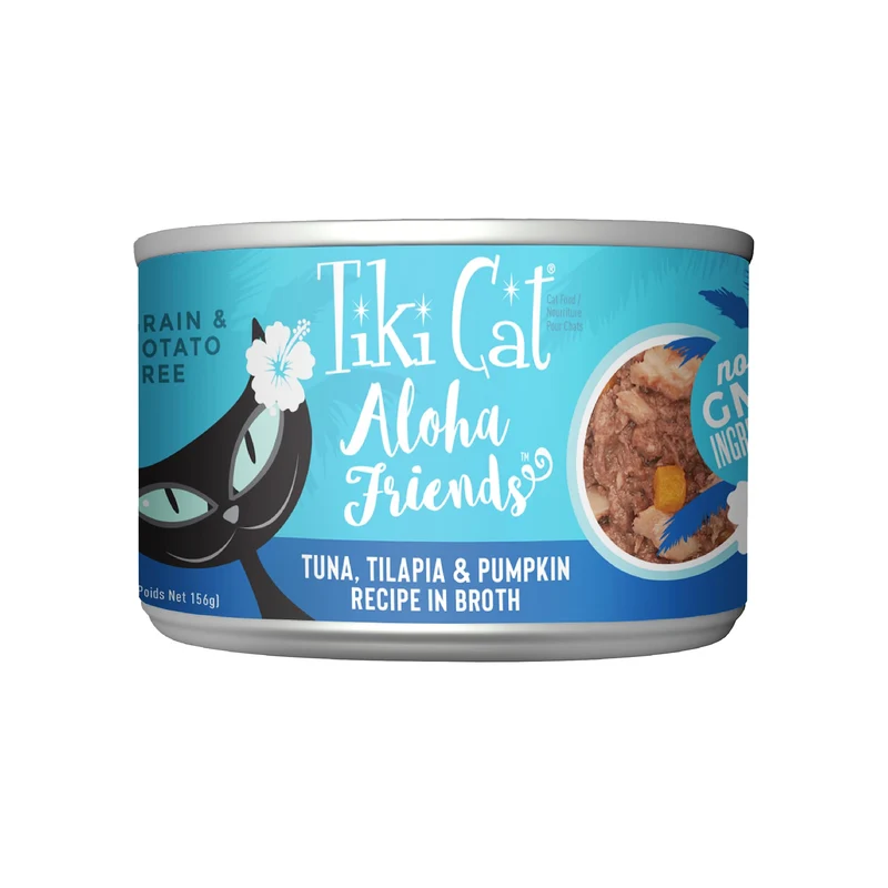 Tiki Cat Aloha Amis – Thon, Tilapia et Potiron, Sans Cereales et Haute Humidité – Nourriture Humide pour Chats Tous Âges – Boîtes de 156 g (Lot de 8)