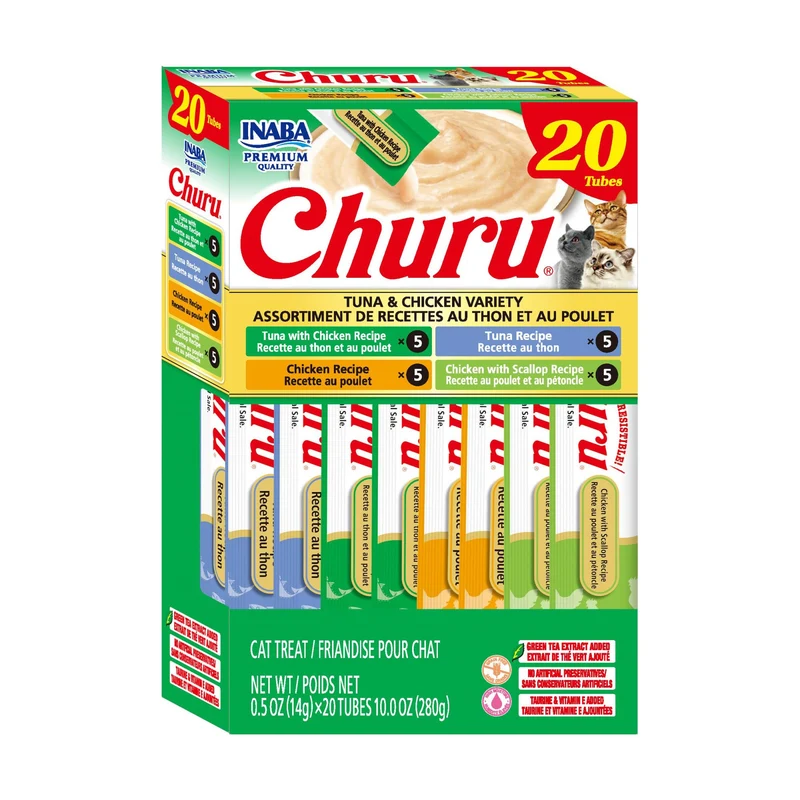 INABA Churu Purée à lécher pour chat – Thon & Poulet, Taurine, Thé Vert, 0,5 oz x 20 tubes