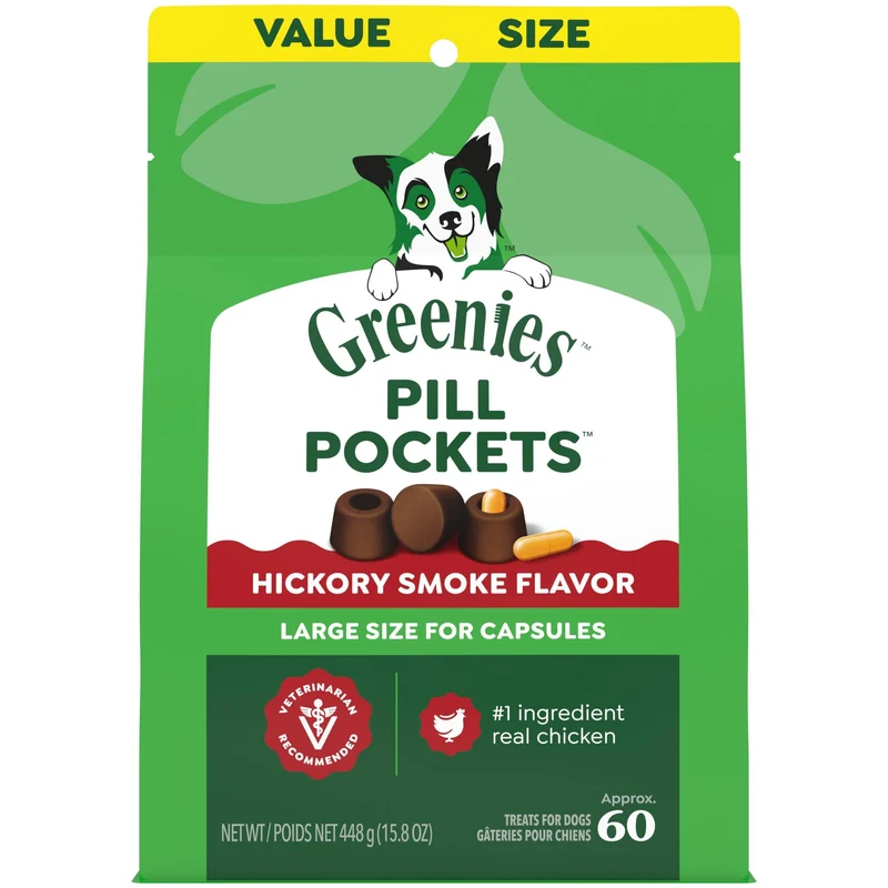 Greenies Poches pour Pilules pour Chiens – Taille Large – Saveur Hickory Fumée – Pochette de 15,8 oz