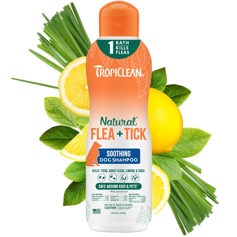 TropiClean Shampoing apaisant contre puces et tiques pour chiens – 20oz, fabriqué aux États-Unis