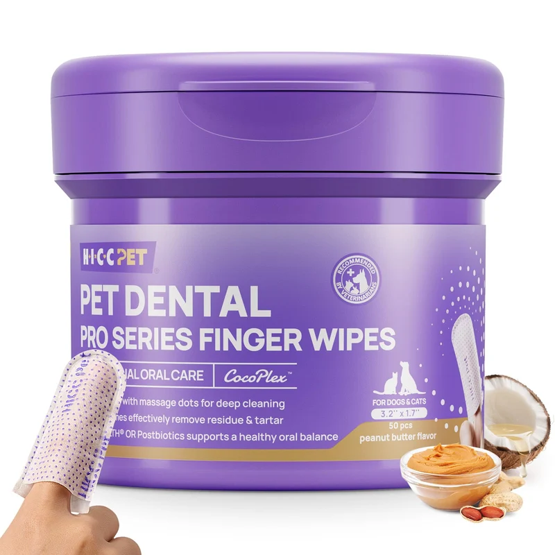 HICC PET Pro Lingettes Dentaires – Pour Chiens et Chats, Nettoyage Sans Rinçage, Saveur Beurre de Cacahuète (50 lingettes)