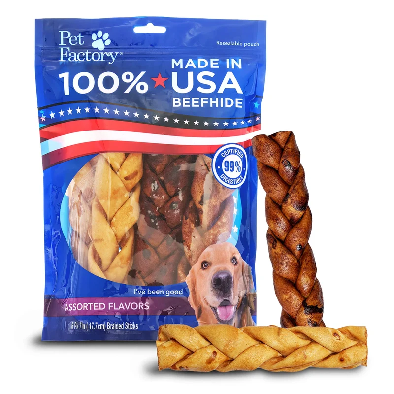Pet Factory – Cuir de bœuf 100% fabriqué aux États-Unis, Bâtons tressés 7 po, Saveurs Boeuf & Poulet, 6 pièces