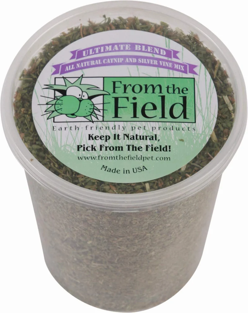 From The Field | Mélange Ultime d'Herbe-à-chat et Vigne Argentée | Catnip premium cultivé aux États‑Unis pour jouets et jeux | Bocal refermable 3,5 oz