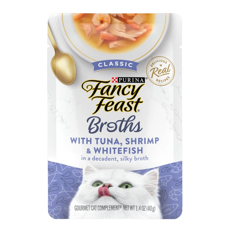 Fancy Feast Bouillons gourmets au thon, crevettes et lieu blanc – Pack de 16 sachets 1,4 oz