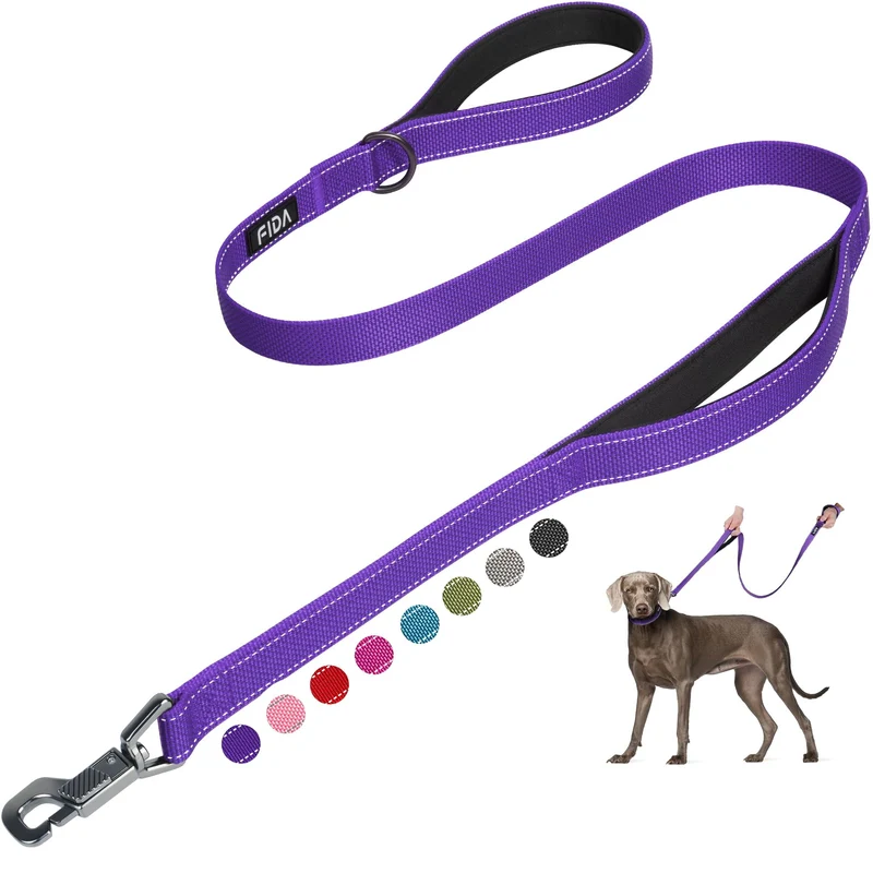 Fida Laisse pour Chien 4 Pieds – Poignées Rembourrées Doubles, Attache Facile, Poignée Trafic, Réfléchissante, Violet