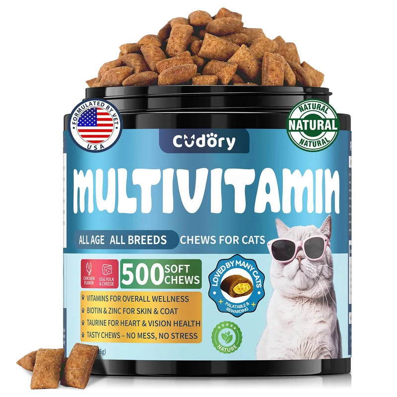Cudory Taurine pour Chats – Friandises Multivitamines 500, croquantes et crémeuses – Soutien immunitaire, articulations, digestion, peau et pelage – Supplément quotidien pour chats de tous âges (90 jours)