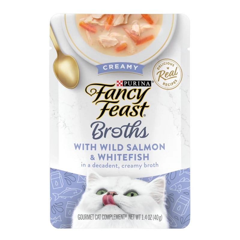 Fancy Feast Bouillon Crémeux Saumon Sauvage et Poisson Blanc – Topper à Lécher pour Chat, Pack 16 x 40 g