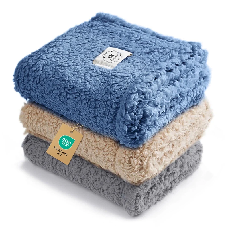 Luciphia Lot de 3 Couvertures Animaux Douces Sherpa — Petit/Moyen/Grand, Gris/Beige/Bleu Brumeux (60x40 cm / 76x52 cm / 104x78 cm)