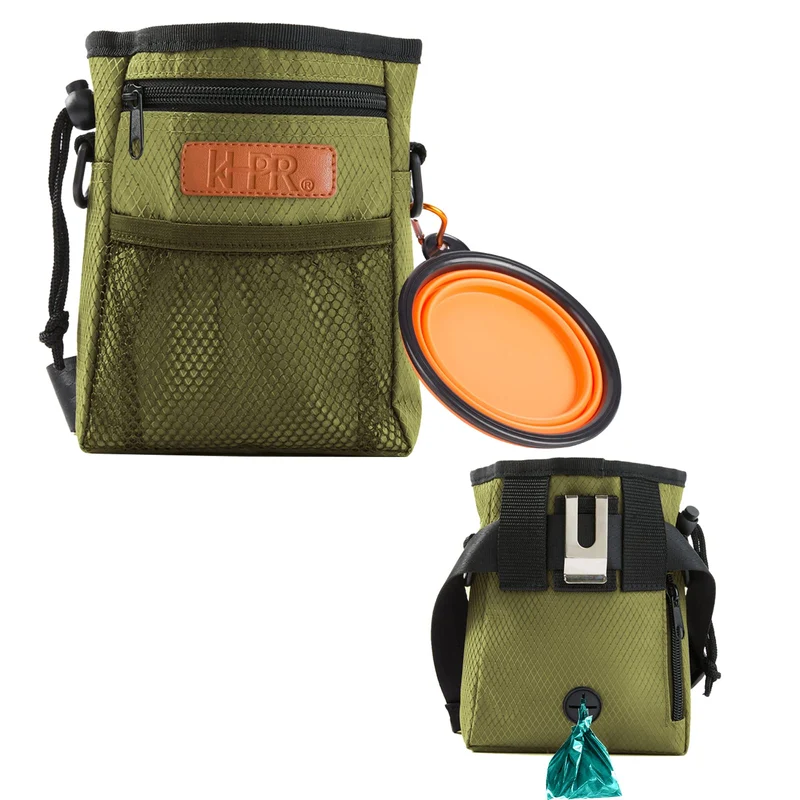 KHPR Sac Dressage Chien – Poche Friandises, Distributeur de Sacs Poubelle, 3 Modes de Port, Bol Silicone