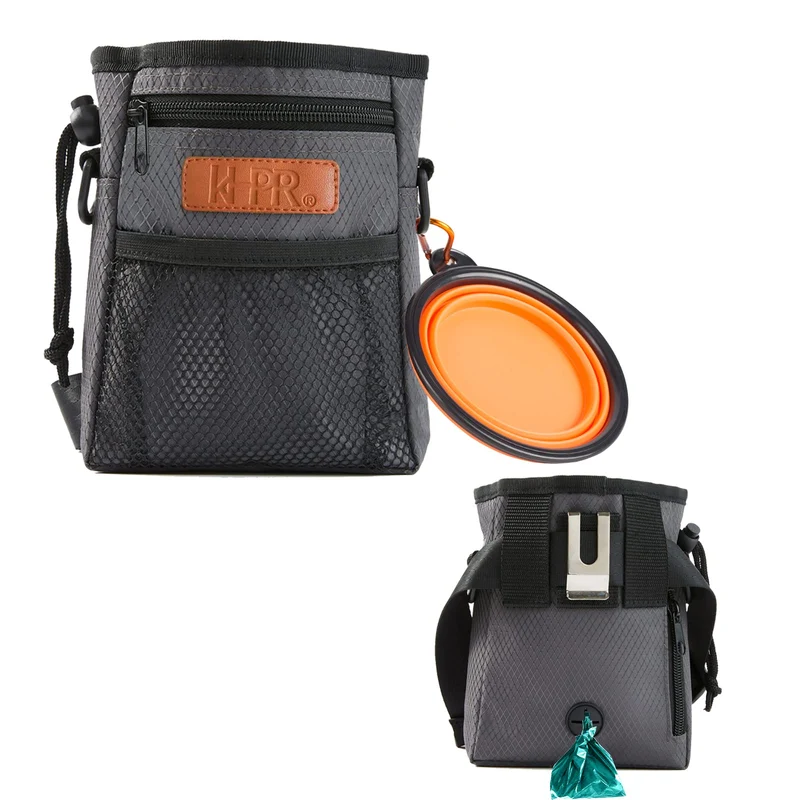 KHPR Poche d'Entraînement Chien — Sac Friandises, Distributeur de Sacs À Crottes, 3 Façons de Porter, Bol Silicone Pliable (Gris Foncé)