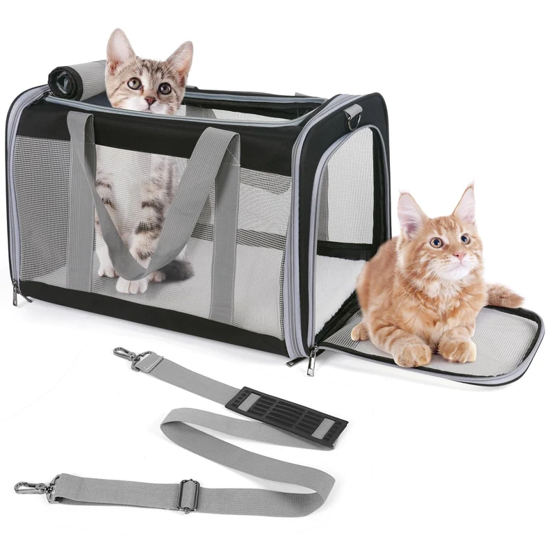 TIYOLAT Transporteur pour Chats Lourds (20 livres / 9 kg) – Sac Souple Noir pour Grand Chat ou 2 Chatons, Fenêtres en Maille
