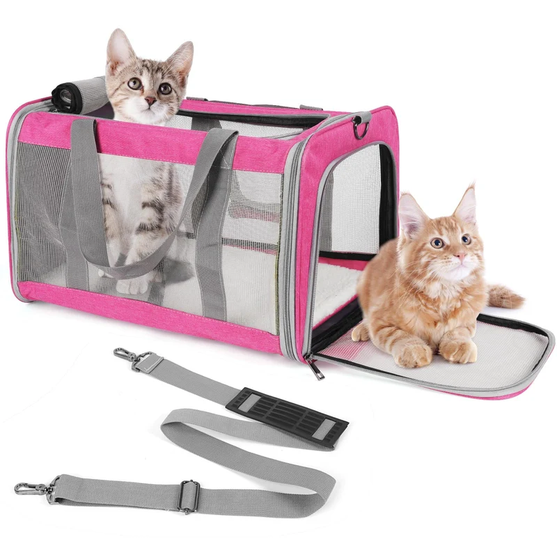TIYOLAT Sac de transport pour grands chats – 20 lb (9 kg), rose, pliable, 4 fenêtres en maille