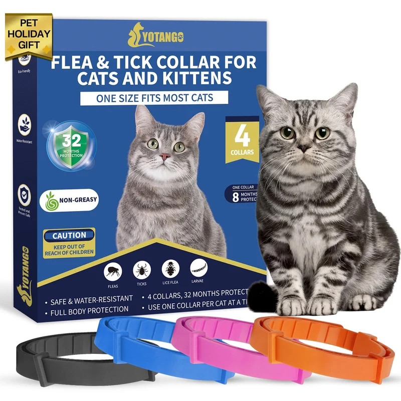 YOTANGO 4 Pack Colliers Anti-Puces pour Chats — 32 Mois, Étanches et Ajustables