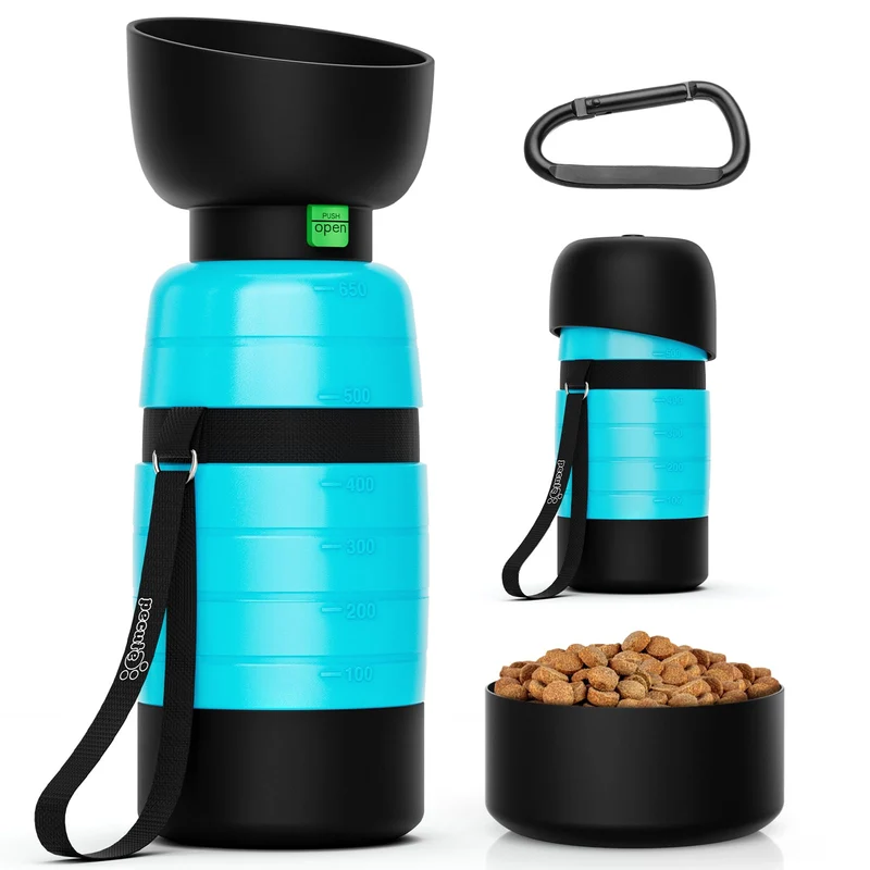 Gourde Pecute pour chien 650 ml + Conteneur nourriture 150 ml – Distributeur portable, étanche et sans BPA