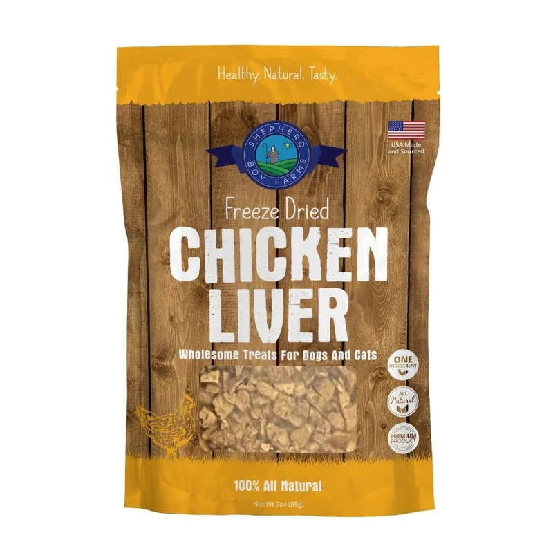 Shepherd Boy Farms Friandises lyophilisées au foie de poulet – Ingrédient unique, 3 oz, Fabriqué aux États-Unis, Haute Protéine