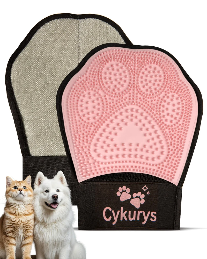 Gant anti-poils Cykurys 2-en-1 pour chiens et chats – Brosse silicone + surface électrostatique, Rose