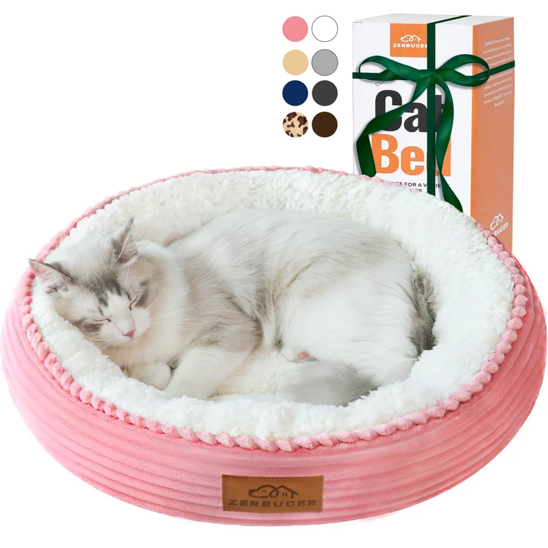 Zerbuger – Lit rond lavable 20 po pour chats et petits chiens – Coussin en forme de beignet rose anti-glissant