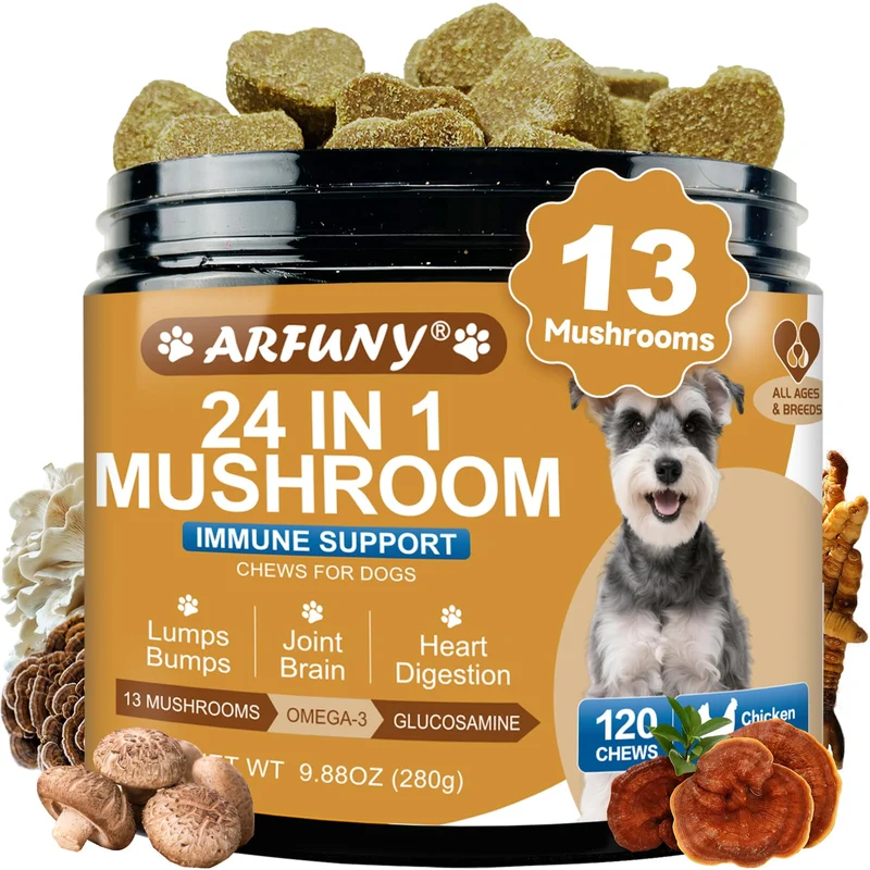 SANTKOL – Champignons pour chiens: 13 variétés bio (queue de dinde, reishi, crinière de lion) – Immunité, peau, articulations – Saveur poulet