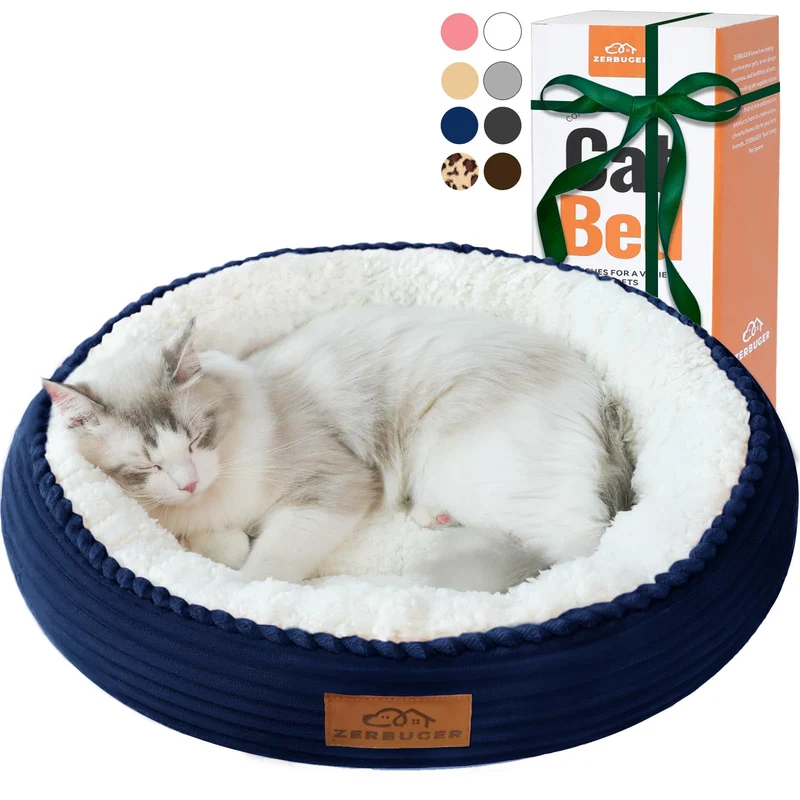 Zerbuger 20 pouces – Coussin rond lavable pour chats d’intérieur, antidérapant, bleu marine