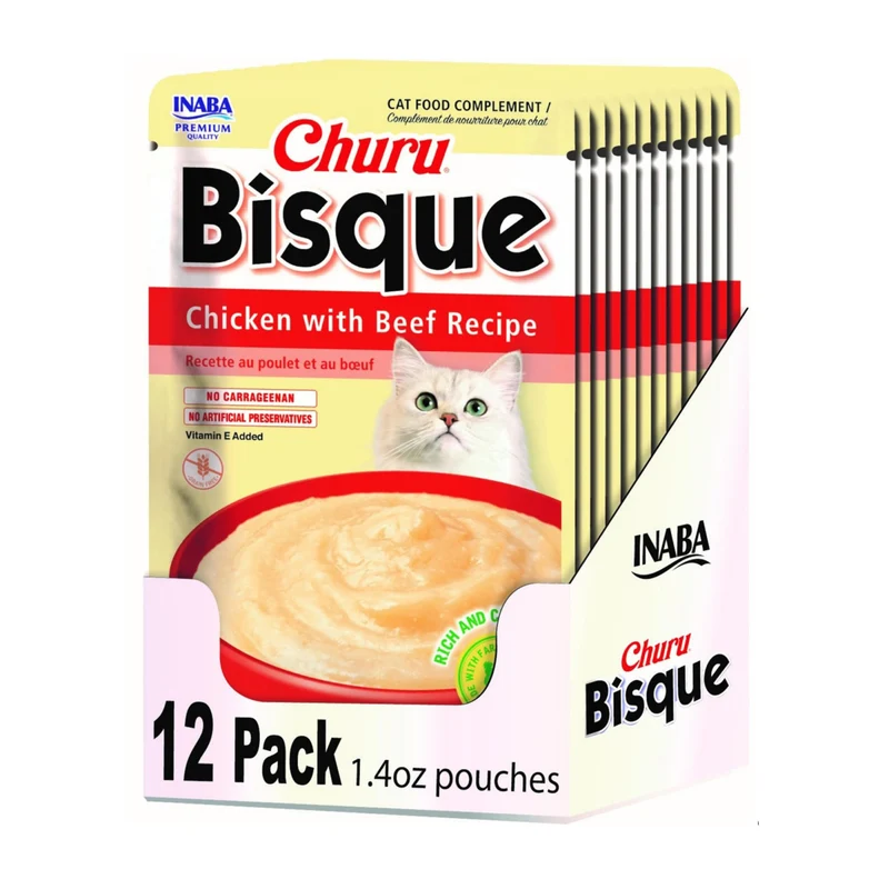 INABA Churu Bisque pour Chats — Purée Crèmeuse Lickable, Vitamine E, Poulet et Boeuf, 12 Sachets