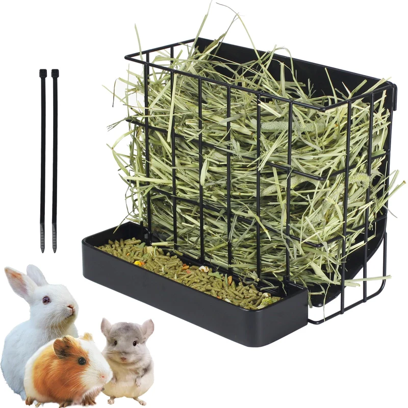 CAIQINLI Porte-foin pour lapin et cochon d'Inde – Métal robuste, design incliné, crochet et 2 fermetures multifonctions