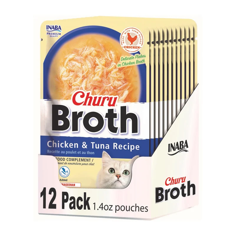 INABA Churu Bouillon pour Chats — Pochettes Garniture 1,4 oz, 12 Poches, Poulet & Thon