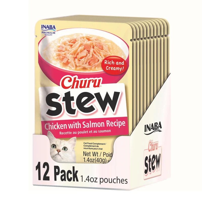 INABA Churu Stew pour chats – Sachets d’accompagnement avec vitamine E, poulet et saumon, 40 g x12