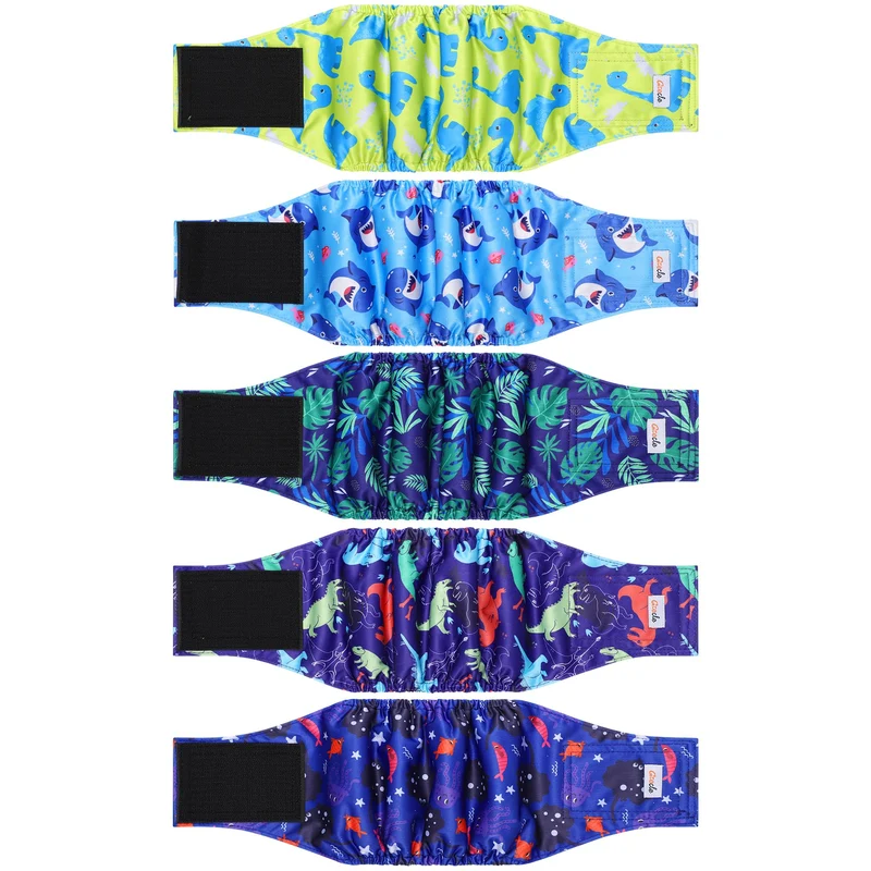 Grecle — Lot de 5 couches réutilisables pour chien mâle - Bandes abdominales premium, absorption élevée - Dinosaure M