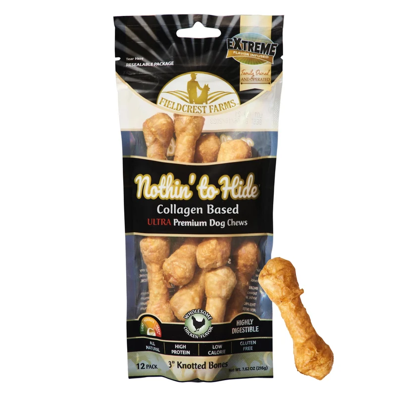 Fieldcrest Farms Nothin' to Hide Ultra Os-noeud Poulet 3 Pouces – Collagène, Sans cuir brut, Pour Chiens jusqu’à 15 livres – Lot de 12