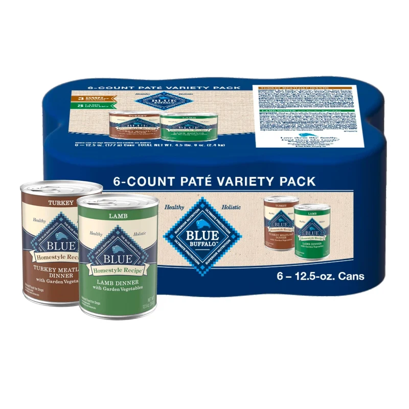 Blue Buffalo Homestyle Recipe – Aliment Humide pour Chien Adulte, Dinde et Agneau, Pack Varié 6 Boîtes 12,5 onces