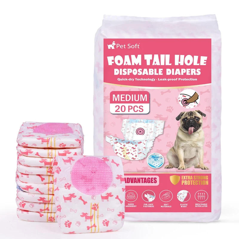 Pet Soft Couches Jetables pour Chien Femelle – Taille M, Ouverture Queue Mousse Ajustable, Indicateur Humidité, 20 pcs (Rouge)