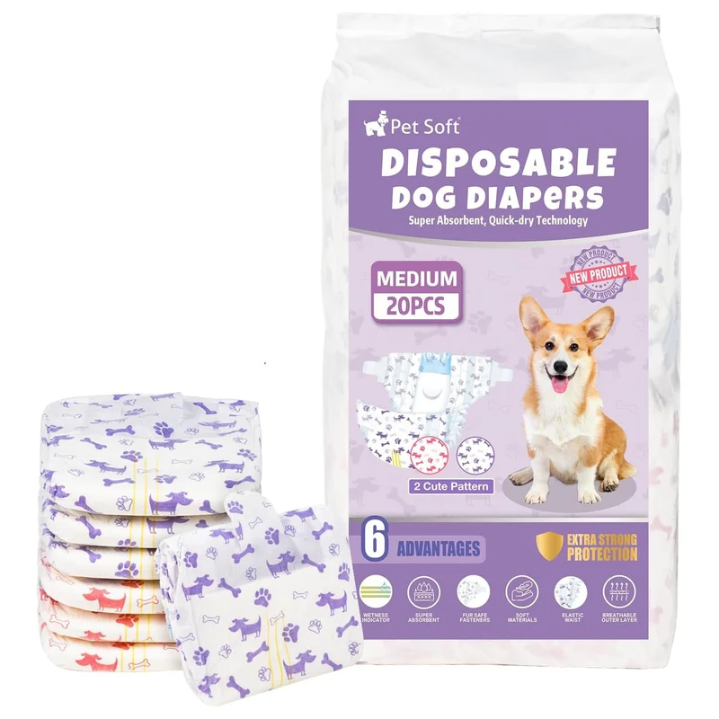 Pet Soft Couches jetables pour chienne femelle – Indicateur d’humidité, absorbantes, 20 pièces (M, Mélange)