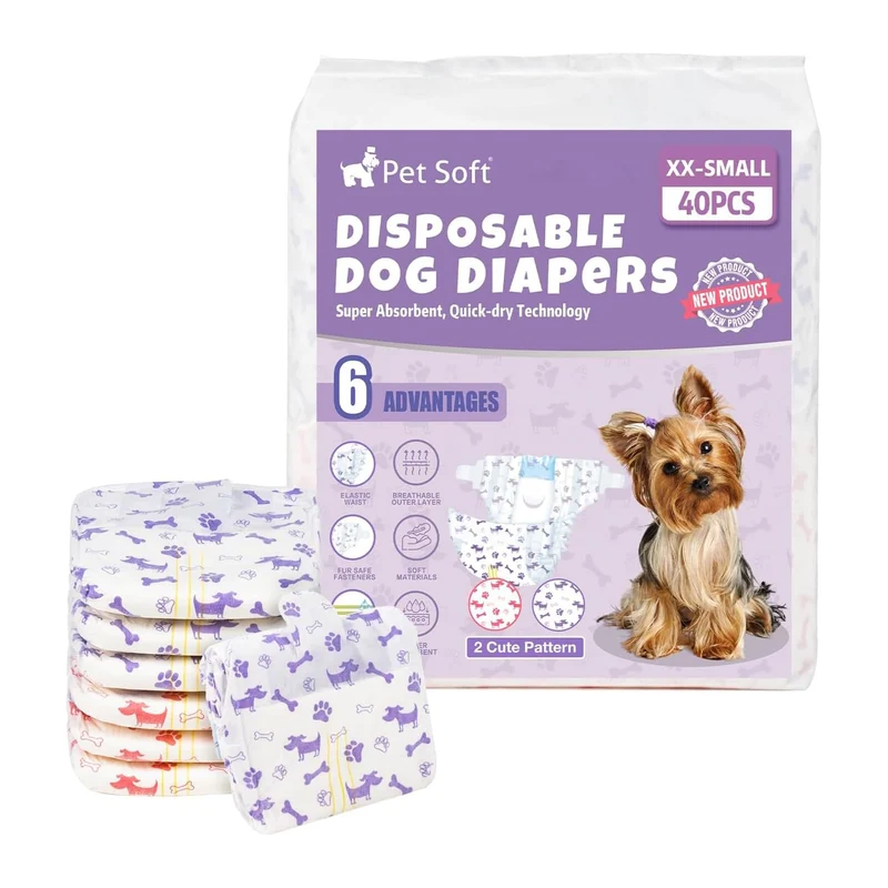 Pet Soft – Couches pour chienne femelle XXS, 40 pcs, Indicateur d’humidité, Motifs mélangés