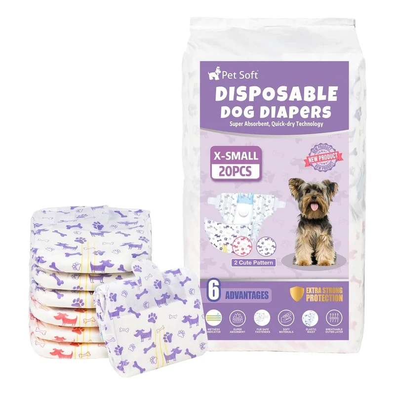 Pet Soft – Couches jetables pour chiennes femelles avec indicateur d’humidité, 20 pièces (XS, motifs mélangés)