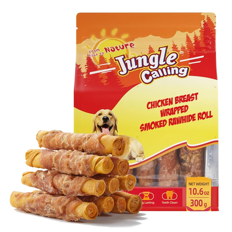 Jungle Calling – Rouleaux en peau fumée et poulet, friandises protéinées pour chiens moyens et grands, 10,6 oz