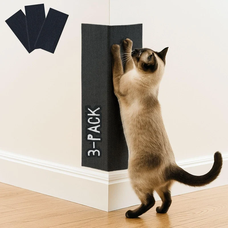 2ME Tapis Griffes Chat 3-Pack – Tapis d’angle mural adhésif, protection meubles noir