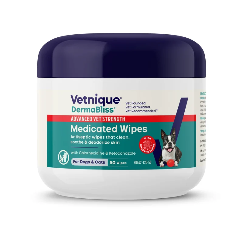 Vetnique Dermabliss – Lingettes Chlorhexidine Antibactériennes pour Chiens