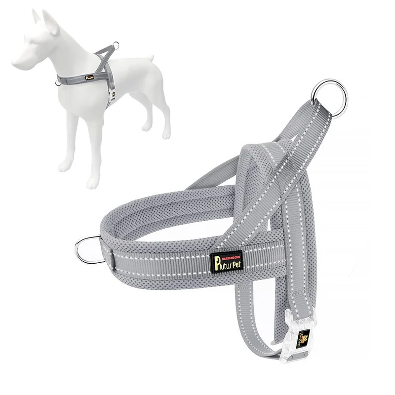 Harnais Chien Sans Tirage PLUTUS PET – Mesh Respirant, Ajustable, Réfléchissant (L, Gris)