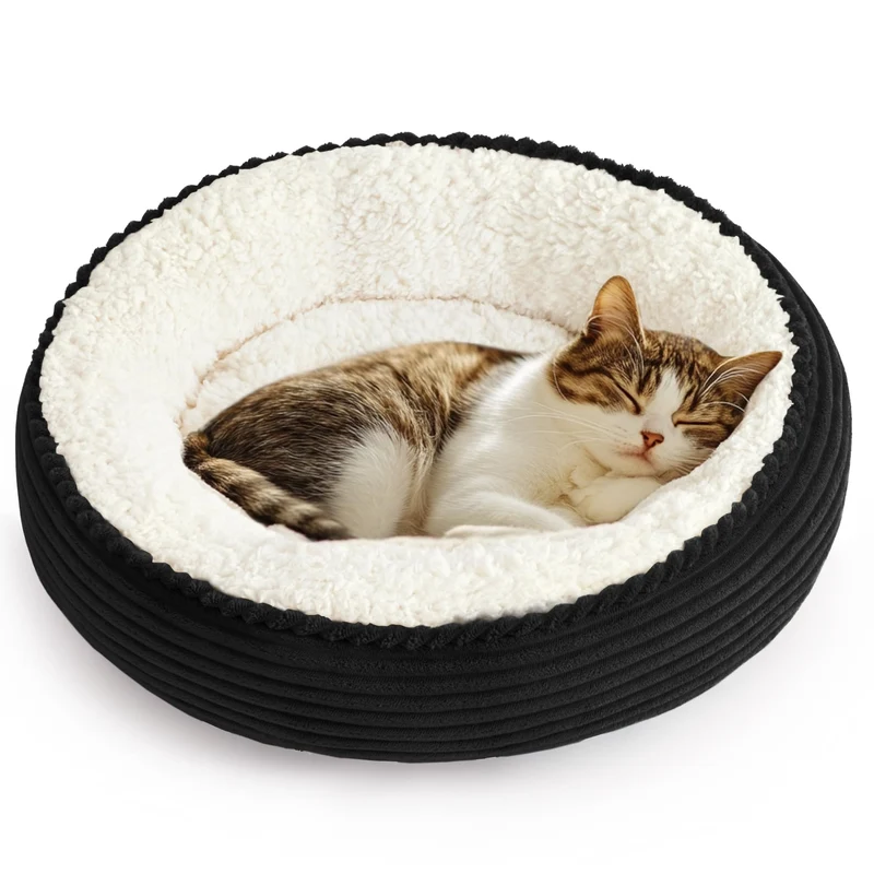 Love's cabin – Coussin rond en forme de beignet pour chat et petit chien 20'' | lit anti-glisse, lavable, noir à rayures