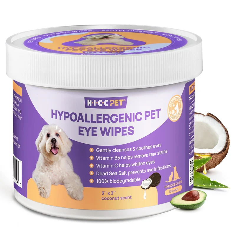 HICC PET Lingettes Yeux pour Chiens et Chats – Nettoyage Doux, Hypoallergénique, 100 Pièces
