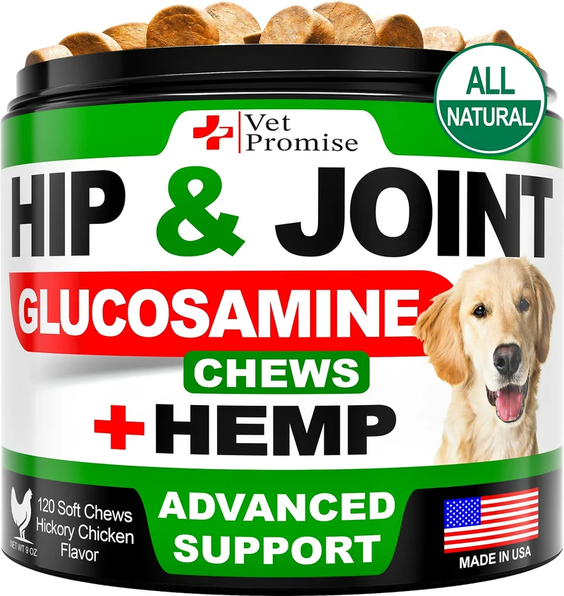 Vet Promise Supplément Chanvre pour Hanches et Articulations des Chiens – Glucosamine, MSM, Chondroïtine – 120 Friandises Molles – Fabriqué aux États-Unis