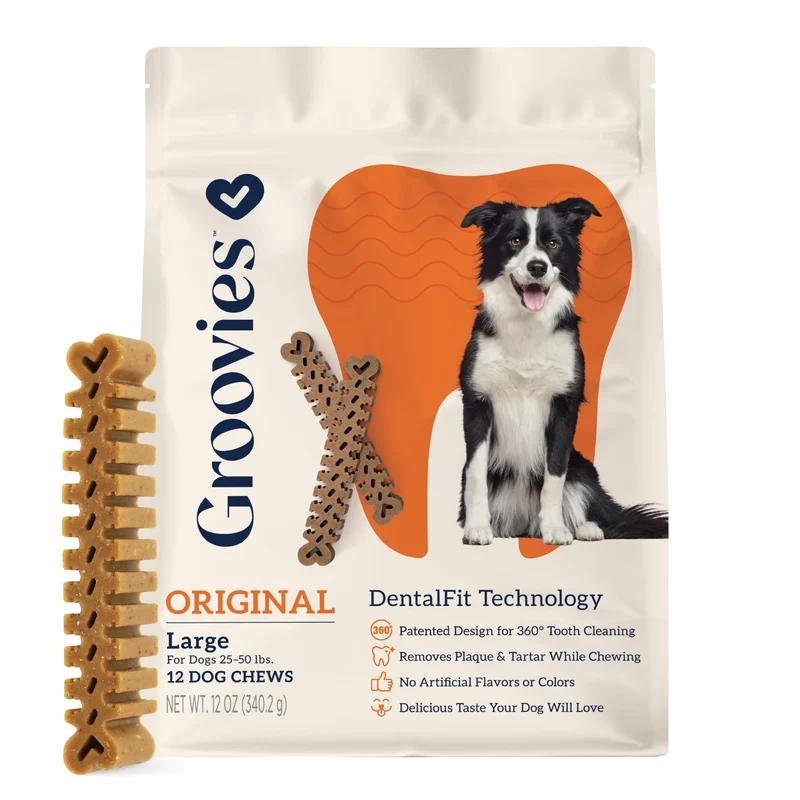 Groovies Bâtonnets Dentaires Flexibles pour Chiens Grands – DentalFit, Tartre et Haleine Fraîche – Fabriqué aux États-Unis