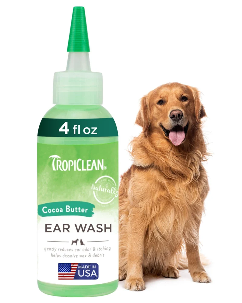TropiClean Lavage d'oreilles pour chiens et chats – Solution nettoyante sans alcool, recommandée par les vétérinaires, fabriquée aux États‑Unis, 4 oz