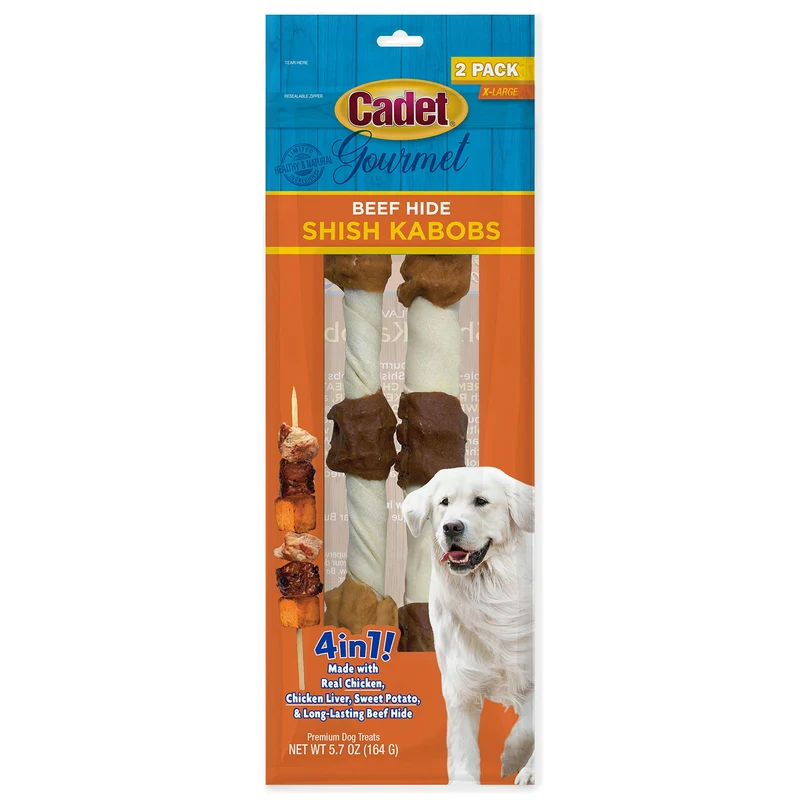 Cadet Gourmet Brochettes Shish Kabob pour Grands Chiens – Friandises en Peau de Boeuf avec Poulet & Patate Douce (2×10 po)